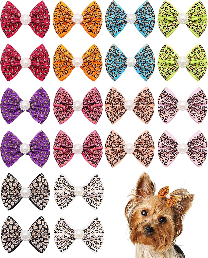 PET SHOW 20 Pack Leopard Dog Hair Bows with Alligator Clips for Small Medium Dogs Cheetah Bowknot Hair Clips Cat Puppy Yorkshire Rhinestone Grooming Hair Accessories for Birthday Party