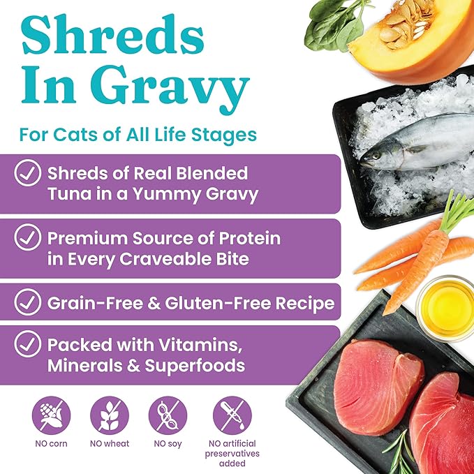 Solid Gold Five Oceans Shreds with Real Tuna in Gravy - Premium Wet Cat Food for All Life Stages, Pack of 12