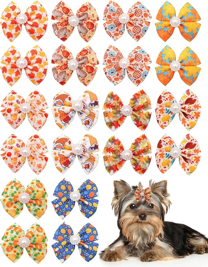 PET SHOW 20 Pack Fall Dog Hair Bows with Alligator Clips for Small Medium Dogs Autumn Floral Bowknot Hair Clips Cat Puppy Yorkshire Rhinestone Grooming Hair Accessories for Party Costumes