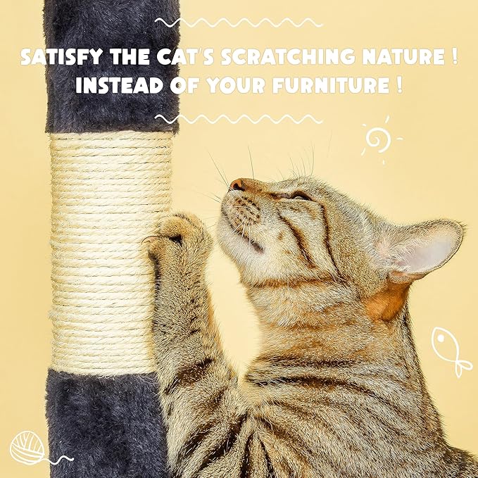 Cat Tree for Indoor Cats - Tall Multi-Level Cat Tower with Condos, Sisal Scratching Posts and Hammock, Top Perch with Dangling Toys for Large Cats and Kittens, Smoky Grey