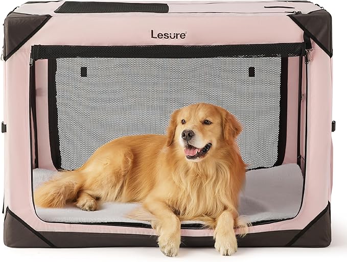 Lesure Collapsible Dog Crate - Portable Travel Kennel for Extra Large Dog, 4-Door Pet Crate with Mesh Windows, Indoor & Outdoor, Pink