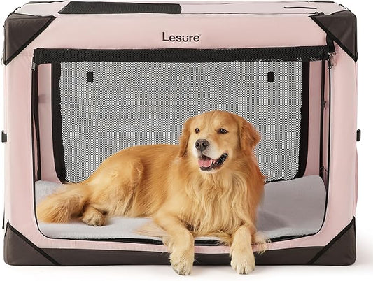 Lesure Collapsible Dog Crate - Portable Travel Kennel for Extra Large Dog, 4-Door Pet Crate with Mesh Windows, Indoor & Outdoor, Pink