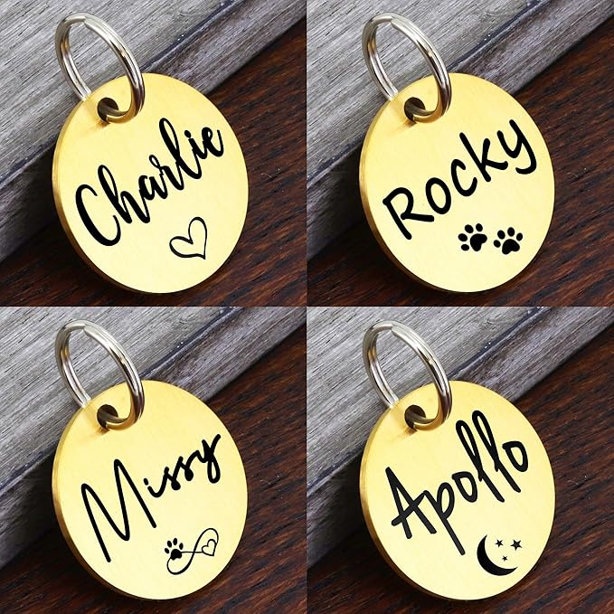 Ultra Joys Custom Personalized Pet ID Tag - Brushed Stainless Steel Round Dog Tag Gold Small