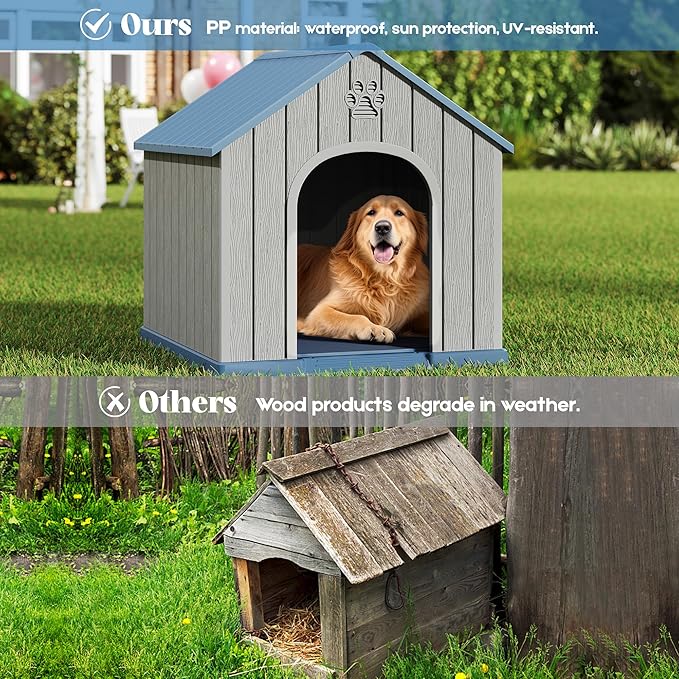 Large Dog House Outdoor Indoor for Medium Large Dogs, Durable Plastic Waterproof Doghouse with Air Vents and Elevated Floor, Easy Clean and Assemble (Light Blue, 36.2''L×38''W×38''H)