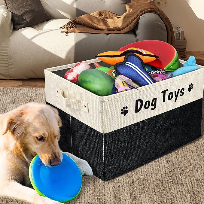 PET ARTIST Dog Toy Basket, Foldable Dog Toy Bin Box for Living Roon Area, Collapsible Storage Basket with Comfortable Handles for Pet Coat, Accessories, Black, 15"x11"x9"