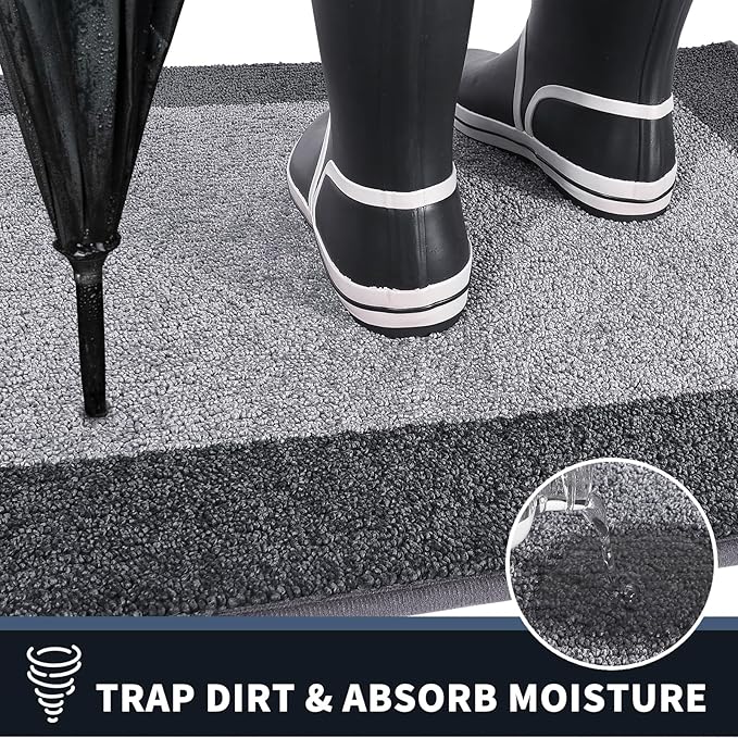 PURRUGS Dirt Trapping Door Mat 20" x 32", Non-Slip/Skid Machine Washable Entryway Rug, Shoes Scraper, Throw Rug, Super Absorbent Area Rug for Muddy Wet Shoes and Paws, Light Grey & Grey