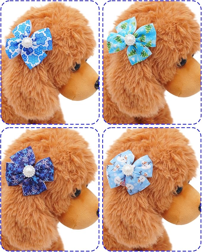 PET SHOW 10 Pack 2" Winter Small Dogs Hair Bows with French Clips Rhinestone Yorkie Barrette Clip Bowknot for Medium Dogs Puppy Pet Snowflake Topknot Cat Grooming Hair Accessories