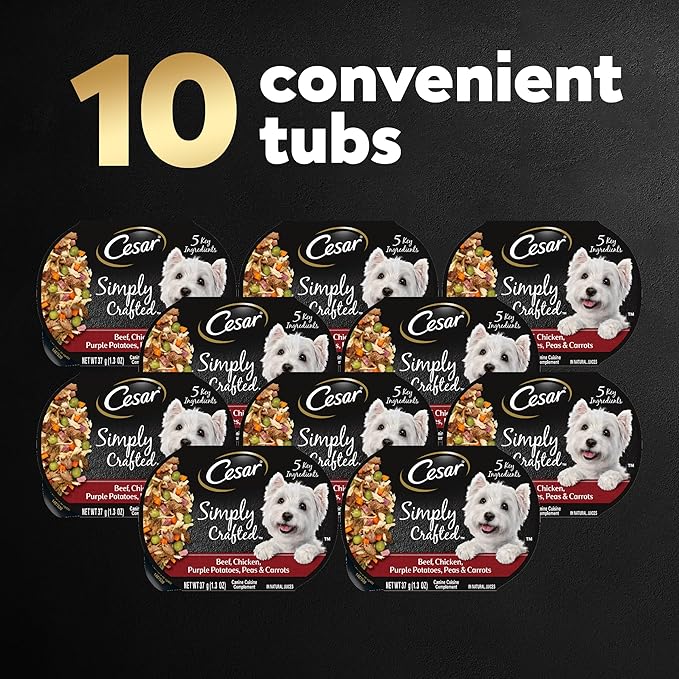 Cesar Simply Crafted Adult Wet Dog Food Meal Topper, Beef, Chicken, Purple Potatoes, Peas & Carrots, 1.3oz. (10 Count, Pack of 1)