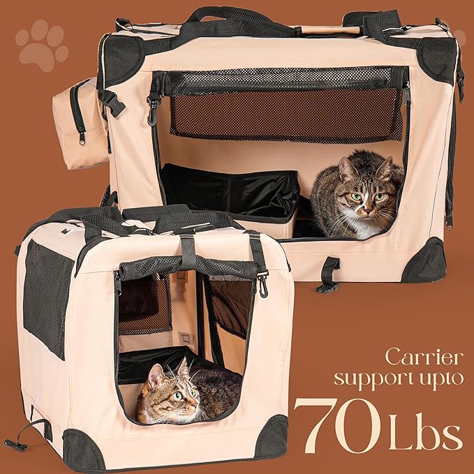 Large Cat Carrier Soft-Sided Travel Carrier - Fits 2 Cats or Small Dog, Portable Foldable Design with Litter Box, Bowl & Fleece Pad, 24” x 16.5” x 16.5”