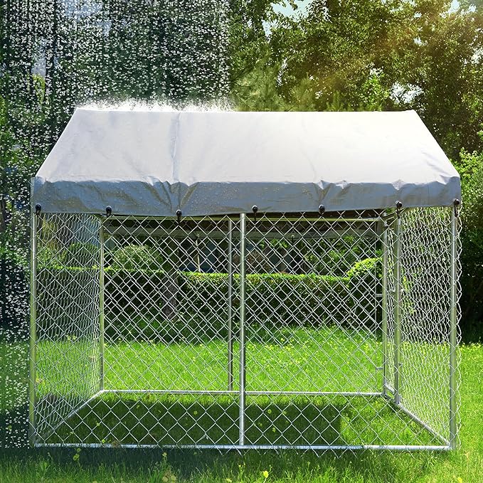 10'x10'x6.56' Large Outdoor Dog Kennel with Roof, Heavy Duty Outside Dog Run Enclosure Dog Pen House Pet Playpen with Galvanized Chain Link, Lockable Door, Waterproof Cover, for Small and Large Dogs