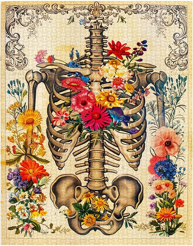 Rib Cage Skull Flower Jigsaw Puzzle Human Organ/Anatomy 1000 Pieces Puzzles Game Florals Jigsaw Puzzles for Adults Home Decor DIY Craft Puzzle Gift for Friends and Family 20 x 27 Inch