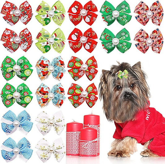 PET SHOW 20pcs Christmas Dog Hair Bows with Alligator Clips for Small Medium Dogs Bowknot Hair Clips Cat Puppy Yorkshire Grooming Hair Accessories for Xmas Party Costumes Assorted Randomly