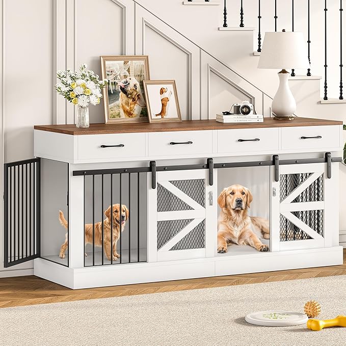 Extra Large Dog Crate Furniture for 2 Dogs, 71'' Dog Kennel Indoor with Removable Divider and 4 Storage Drawers, Sturdy Wooden Dog Crate TV Stand with 4 Doors for Large Medium Small Dogs