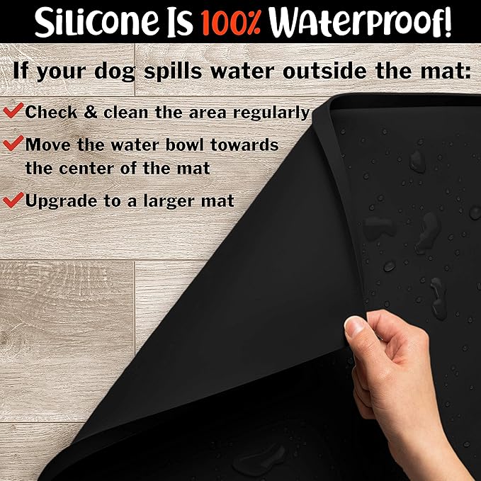 DogBuddy Dog Food Mat – Waterproof Dog Bowl Mat for Food and Water, Silicone Pet Feeding Mats for Floors, Non-Slip Placemat with High Edges for Dogs Bowls, Puppy Essentials (XXL: 32"x24", Black)