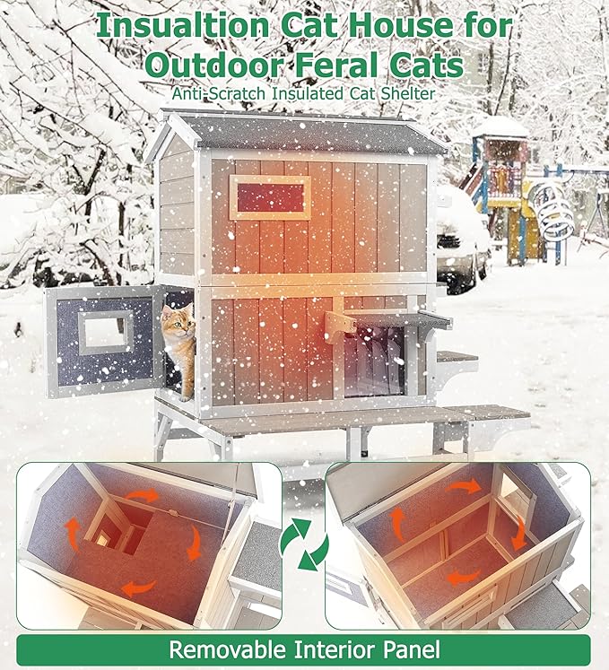 PetsCosset Outdoor Cat House Insulated Cat Houses Weatherproof Cat Shelter for 2-3 Cats with Escape Doors,Balcony,Openable Roof & Elevated Base 2 Story Wooden Warm Winter Home for Feral & Pet Cats