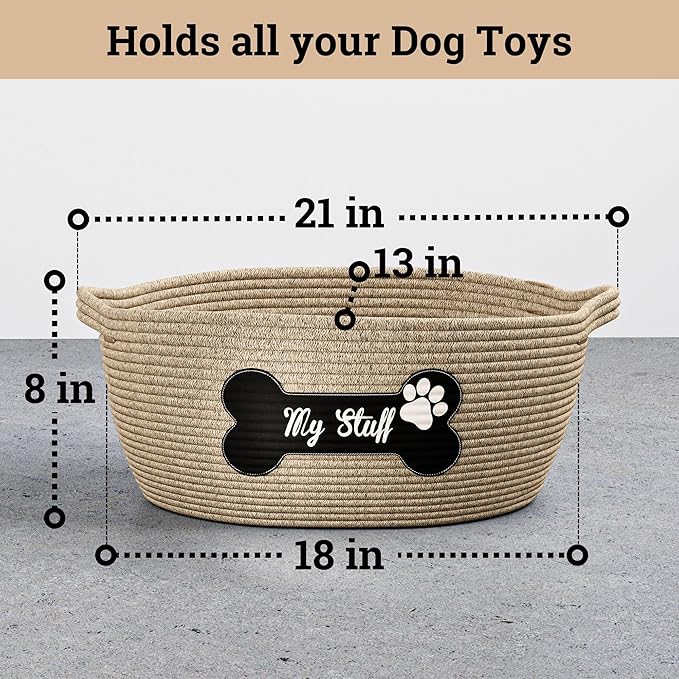 Dog Toy Basket - 100% Cotton Rope Woven Dog Toy Box for Living Room Area - Chew Proof Toybox Suitable for All Pets - Puppies to Large - Sturdy Reinforced Handles - Cute Aesthetic Design with Paw Print