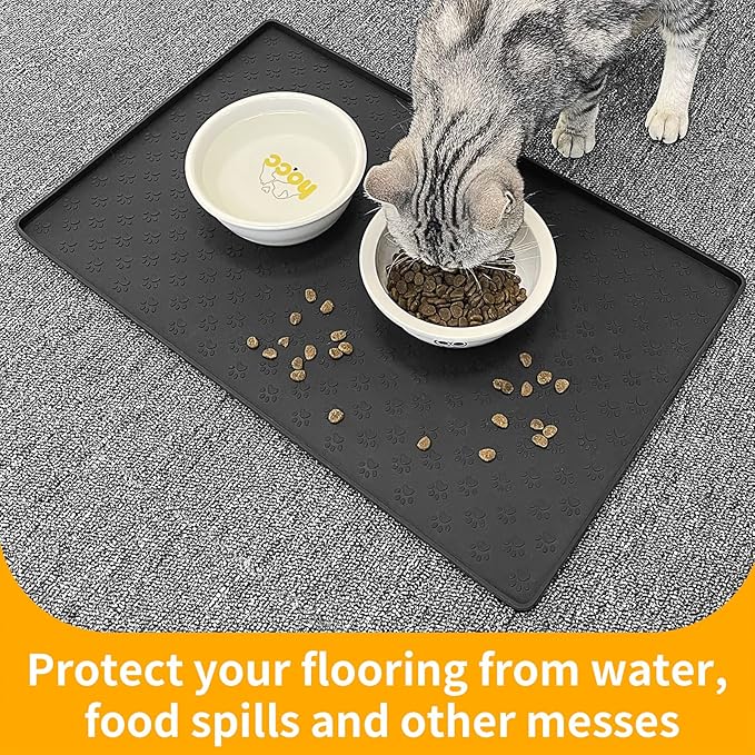 Ptlom Silicone Pet Placemat for Dog and Cat, Waterproof Anti-Slip Pet Feeding Bowl Mats for Food and Water, Small Medium Large Tray Mat Prevent Residues from Spilling to Floor, Black, 31.5" 23.6"