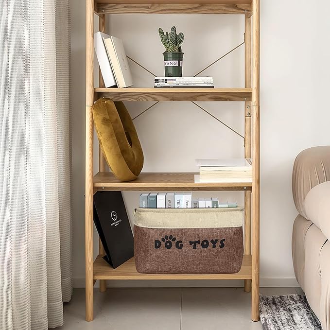 PET ARTIST Dog Toy Basket, Collapsible Dog Toy Bin Box with Comfortable Handles, Large Pet Toy Storage Organizer for Accessories, Toys, Coat & Clothing, Blanket & Leash, Brown, 15"x11"x9"