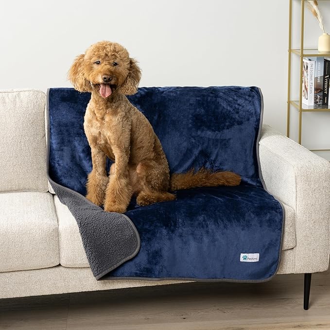 PetAmi Waterproof Dog Blanket Sherpa Fleece, Pet for Medium Large Dogs, Reversible Cat Throw Bed Couch Sofa Furniture Protector, Soft Plush Microfiber (X-Large 60x80, Blue/Gray), Navy/Gray