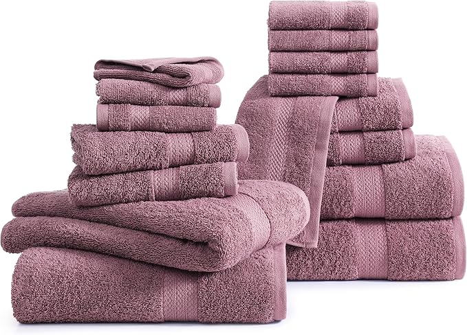 LANE LINEN 100% Mercerized Cotton Luxury Bathroom Towel Set - 16 Pcs - Super Soft, Fluffy & Highly Absorbent - 4 Bath Towels, 8 Washcloths, 4 Hand Towels - Pre Shrunk, Pet Friendly - Wishful Mauve
