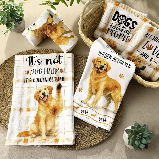 Redbaker 6 Pcs Golden Retriever Kitchen Towels Funny Dish Towel Gifts for Golden Retriever Lovers Kitchen Hand Tea Dishcloth Dog Owner Decorative with Hanging Loop for Christmas Home Housewarming Gift