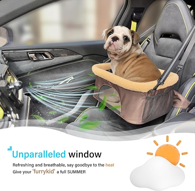 ROODO Deluxe Dog Booster Seat with Height-Adjustable Foldable Metal Frame and Safety Leash,Portable Pet Car Seat for Under 20lb Puppy Cats with Plush Thick Cushion Mesh Window Pockets(Khaki)