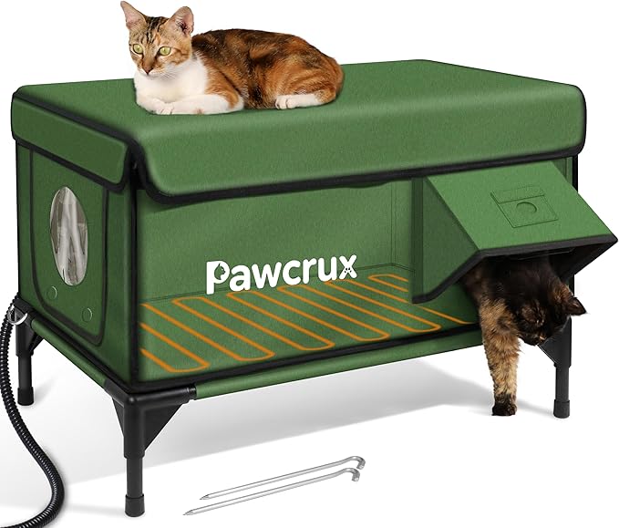 Weatherproof Heated Cat House for Outdoor in Winter, Heated Cat Bed Kitty Shelter with Cat Heating Pad, Insulated & Safe Escape Door, Warm House for Outside Stray Cat(Green, 17.6"x25.5"x17.9")