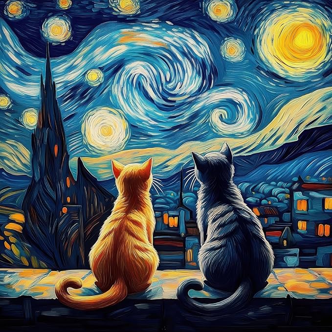 Cat Jigsaw Puzzle 1000 Pieces for Adults – Van Gogh Starry Night Art Puzzles, Difficult 1000 Piece Puzzle with Letters on Back, Premium Chunky Paper Fit, Gift for Game Night, Travel, Birthday