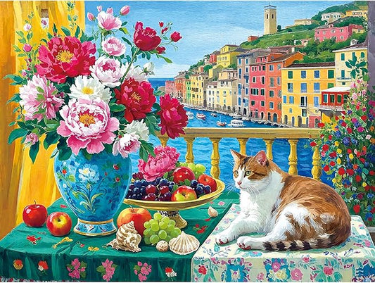 Balcony Cat Still Life 300 Piece Puzzle for Adults, Fun Puzzles for Adults 300 Pieces with HD Print & Poster, 17"x11" Dust Free, for Gifts Halloween Christmas Family Games Lovers