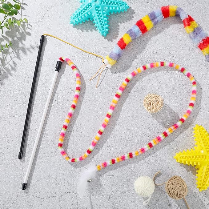 6 Pieces Cat Toys Interactive Cat Wand Toys with Feather and Bell Safe Teaser Catcher Stick Toy Colorful and Sounding Christmas Wand for Cats Kittens Training Pets Exerciser