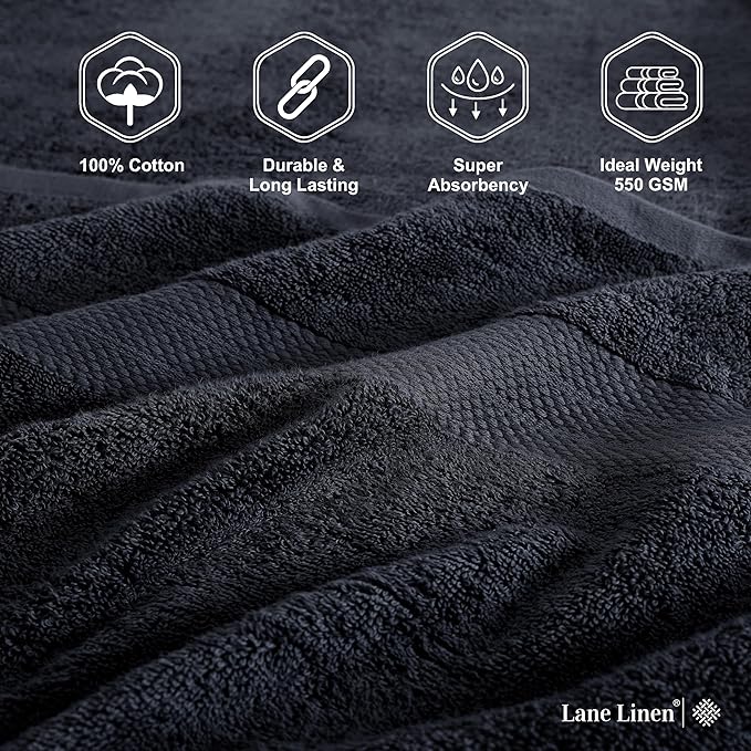 LANE LINEN 100% Cotton Luxury Towel Set for Bathroom - 16 Pieces, Ring Spun - Super Plush, Very Soft & Absorbent - 4 Bath Towels, 8 Washcloths, 4 Hand Towels - Suitable for All Skin Types - Black