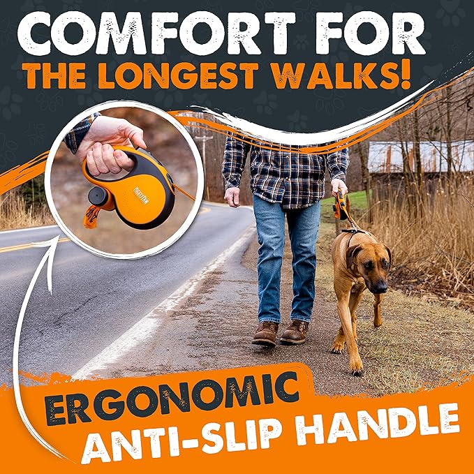 Mighty Paw Retractable Leash with Built-in Poop Bag Holder | 16' Long Retractable Dog Leash for Small Dogs, Medium Breeds & Large Pets with Tape for Quick Control. Poop Bags Included
