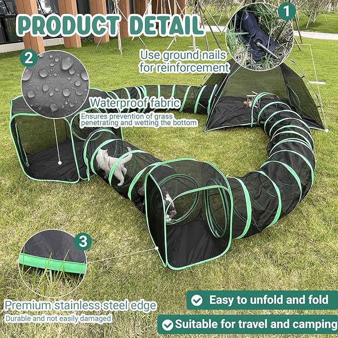 6-in-1 Cat Tents for Outside, Portable Outdoor Cat Enclosures for Indoor Cats, Pet Play Cage with Tunnels for Outside, Outdoor Catio, Pet Playpen Including 3 Tents and 3 Tunnels
