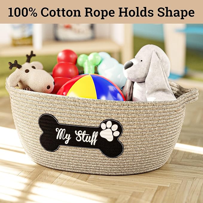 Dog Toy Basket - 100% Cotton Rope Woven Dog Toy Box for Living Room Area - Chew Proof Toybox Suitable for All Pets - Puppies to Large - Sturdy Reinforced Handles - Cute Aesthetic Design with Paw Print