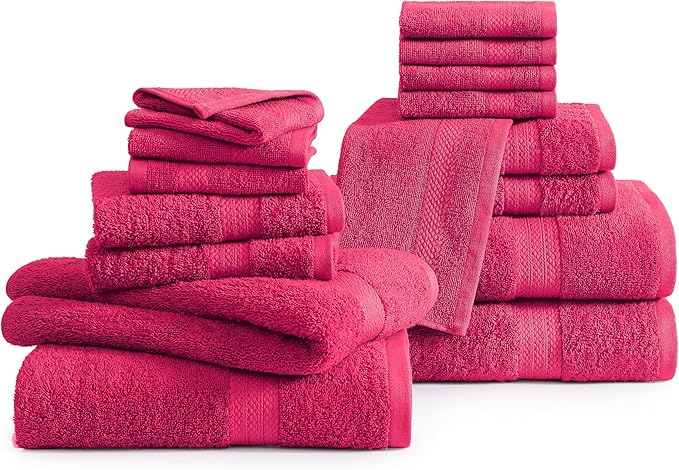 LANE LINEN 100% Mercerized Cotton Luxury Bathroom Towel Set - 16 Pcs - Premium Super Soft, Fluffy & Highly Absorbent - 4 Bath Towels, 8 Washcloths, 4 Hand Towels - Pre Shrunk, Pet Friendly - Fuschia