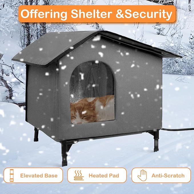 Heated Cat House for Outside/Indoor Cats in Winter,Elevated Outdoor Cat House with Heating Pad Bed,Weatherproof Feral Cats Shelter with Soft Mat (Heat Gray)