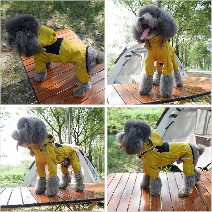 LOVELONGLONG Waterproof Dog Raincoat with Removable Hood – Outdoor Full Body Dog Jacket, Windproof Snowproof Shell Suit – All Season Pet Rain Gear Mustard Yellow M