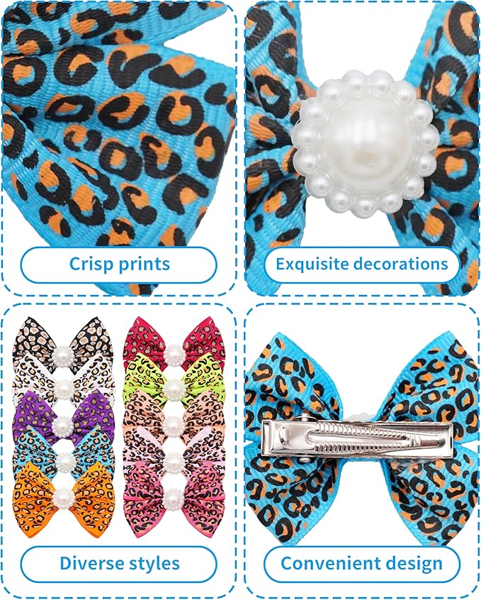 PET SHOW 20 Pack Leopard Dog Hair Bows with Alligator Clips for Small Medium Dogs Cheetah Bowknot Hair Clips Cat Puppy Yorkshire Rhinestone Grooming Hair Accessories for Birthday Party