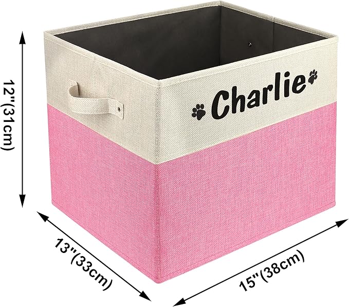 PET ARTIST Large Dog Toy Basket, Custom Toy Bin Box Personalized with Pet's Name, Collapsible Pet Storage Baksets With Handle for Toys,Blankets,Accessories- Pink