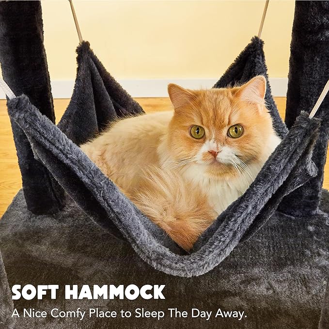 Cat Tree for Indoor Cats - 63in Multi-Level Large Cat Tower with 2 Big Cat Condos, 2 Padded Perches, Hammock, 6 Sisal-Covered Scratching Post and Toys for Kittens Pet Play House, Smoky Grey