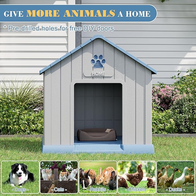 Dog House Outdoor Indoor - Waterproof, Ventilated, Easy to Clean, Elevated Floor for Small-Large Dogs, Easy to Assemble (Blue, 37.2" L x 40" W x 40" H)