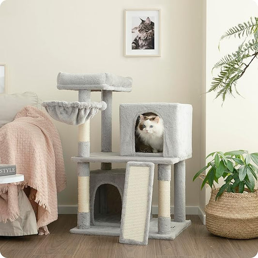 Ouritsu Cat Tree, 35 inch Cat Tower for Large Cat Indoor, 1 Widened Top Perch, 2 Enlarged Condos, Fluffy Basket, Scratching Posts and Ramp, Light Gray, MF001GA