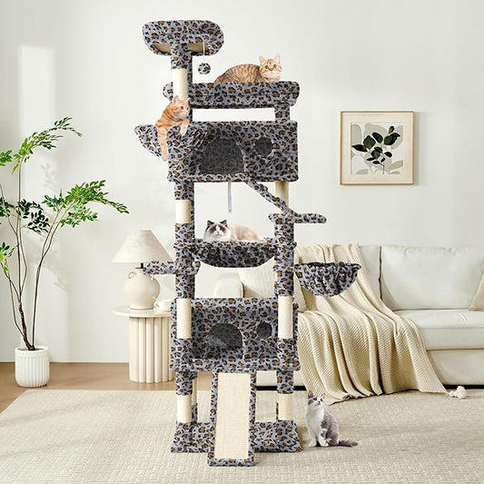 Cat Tree,80-Inch Large Cat Tower with 9 Scratching Posts, 2 Perches, 2 Caves, 2 Basket, 2 Stairs,Extra large Hammock, Pompoms, Multi-Level Plush Cat Condo for Indoor Cats (Grey Leopard Print)