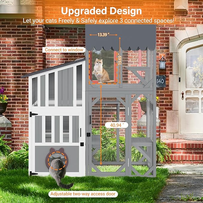 3 Tiers Catio 69" H Outdoor Cat Enclosures, Large Cat House Feral Cats Shelter with Weathproof Roof, Window Access, Unique Adjustable Two-Way Access Hole Design for Cats Outside and Inside
