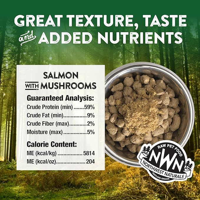 Northwest Naturals Freeze-Dried Salmon, Shiitake & Maitake Mushrooms Functional Topper - for Dogs & Cats - Healthy, Limited, Human Grade Ingredients, All Natural, Made in USA, 3.5 Oz (Pack of 1)