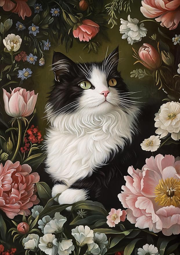 Cat in Blossoms, 1000 Piece Puzzle for Adults, Hard Challenging Jigsaw Puzzle with Bonus Poster Included. Vintage Cat and Flowers Puzzle. TumbaUmba. Beautiful Art Puzzle.