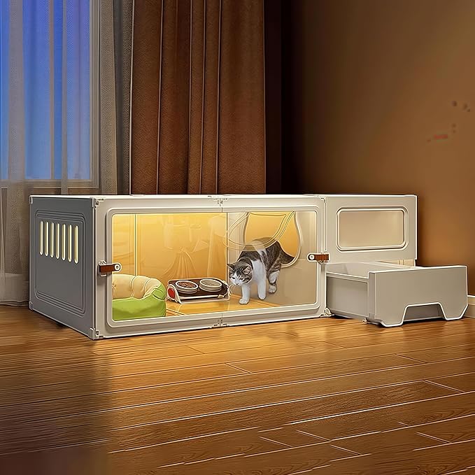 Large Cat Enclosure with Litter Box, Indoor Transparent Cat Villa, DIY Semi-Enclosed Crate (White, 41x18x14 inche)