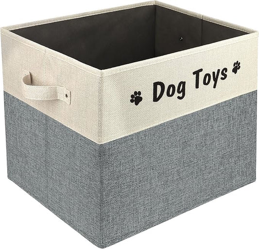 PET ARTIST Large Dog Toy Basket, Foldable Dog Toy Bin Box for Living Roon Area, Collapsible Storage Baskets with Comfortable Handles for Pet Coat,Accessories, Gray, 15"x13"x12"