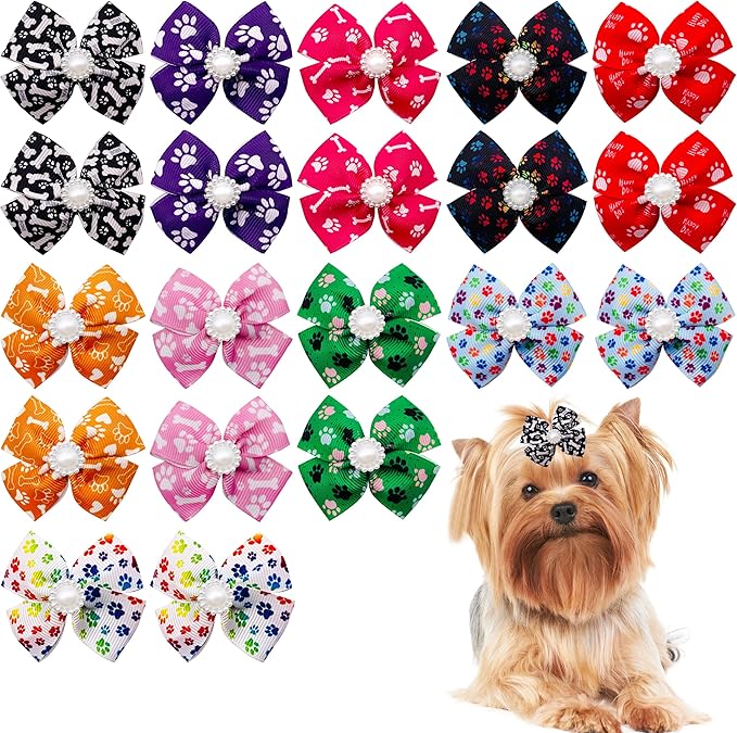 PET SHOW 20pcs Dog Hair Bows with Alligator Clips for Small Medium Dogs Bowknot Hair Clips Cat Puppy Yorkshire Grooming Hair Accessories Assorted (Paw Bone Printed)