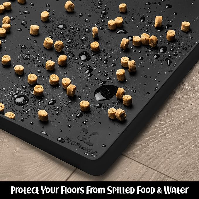DogBuddy Dog Food Mat – Waterproof Dog Bowl Mat for Food and Water, Silicone Pet Feeding Mats for Floors, Non-Slip Placemat with High Edges for Dogs Bowls, Puppy Essentials (XS: 11" x 11", Black)